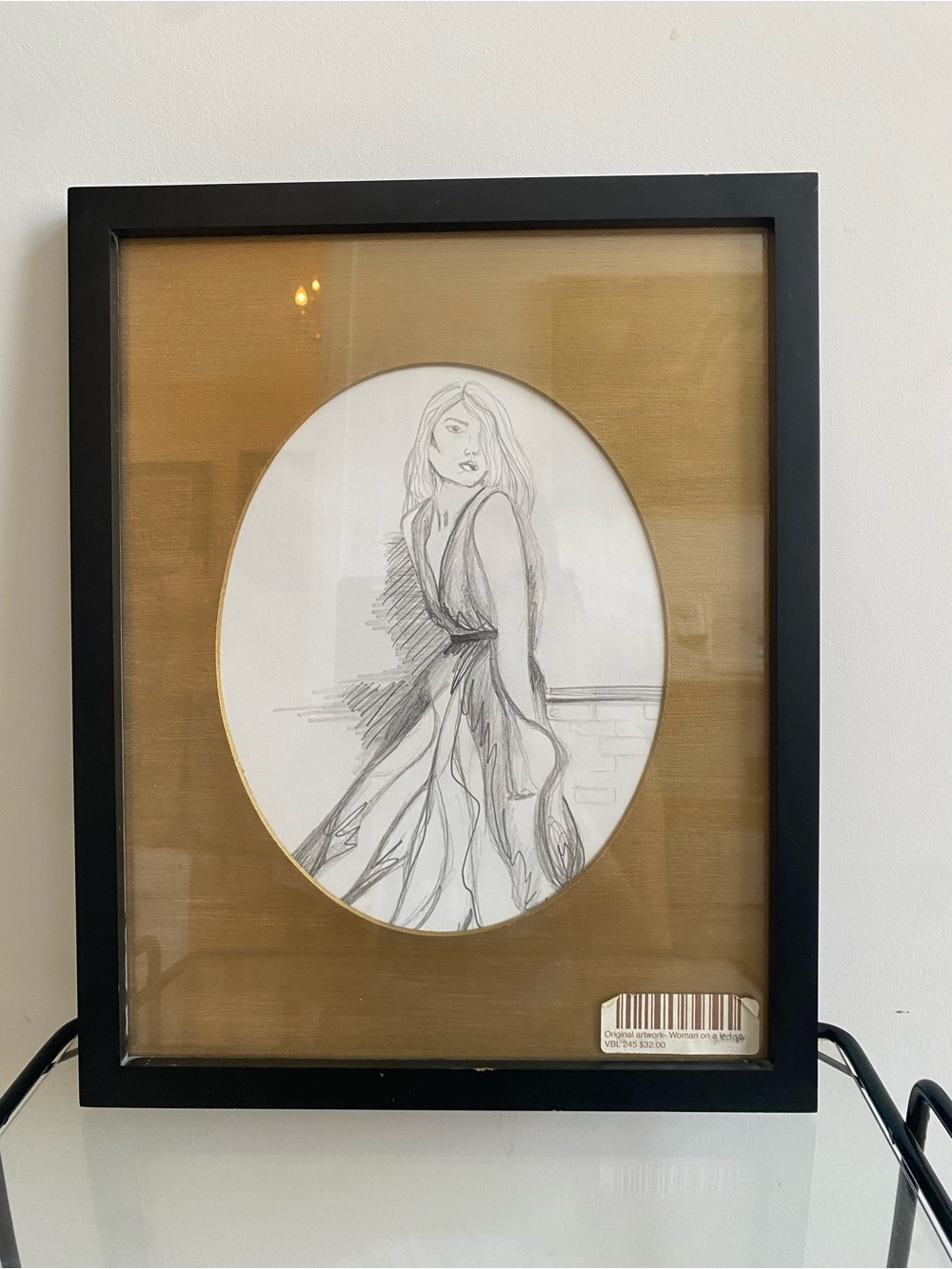 Black Framed Oval Sketch Art Print with Gold Mat